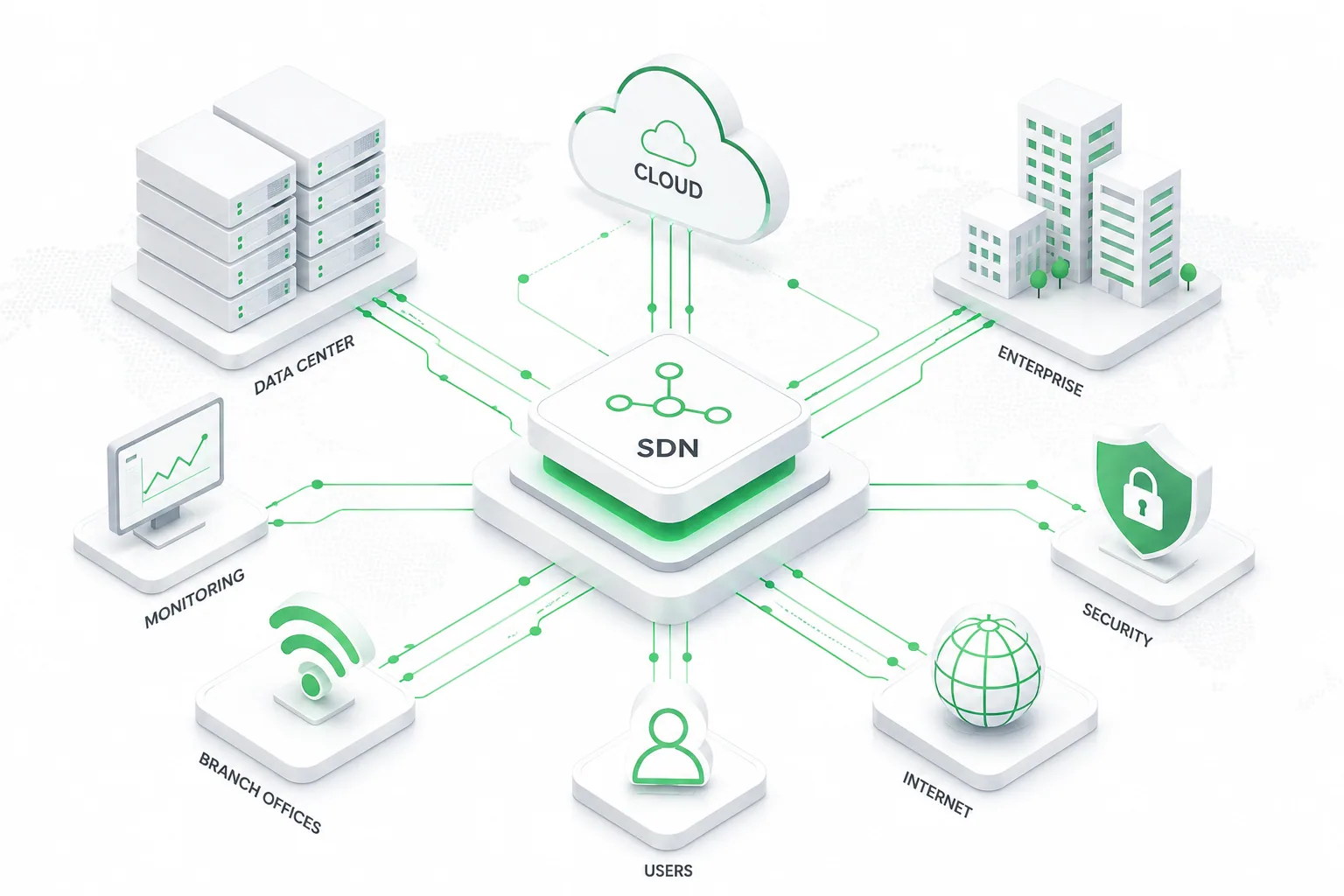 Abstract render of a software-defined network: glowing nodes linked across an enterprise backbone